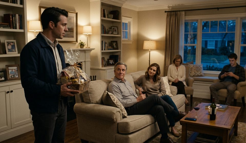 A stunned man holding a gift basket stands in his parents' living room while his father smiles cruelly and his sister grins during a tense family reunion discussion.