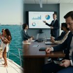 An engineering manager looks shocked at his phone during a company budget meeting while his girlfriend celebrates aboard a luxury yacht in Miami.