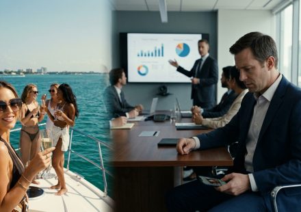 An engineering manager looks shocked at his phone during a company budget meeting while his girlfriend celebrates aboard a luxury yacht in Miami.