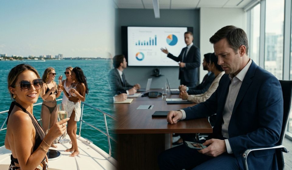 An engineering manager looks shocked at his phone during a company budget meeting while his girlfriend celebrates aboard a luxury yacht in Miami.