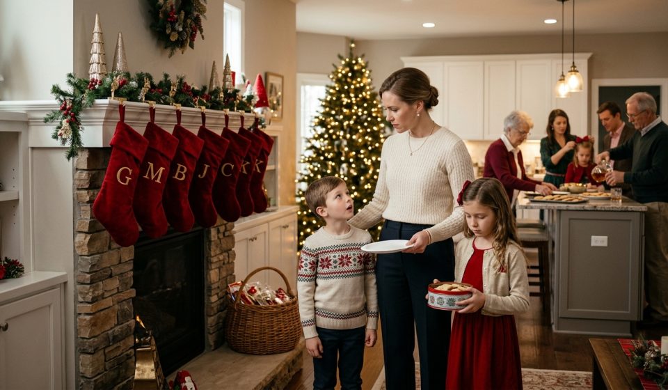 My Family Excluded My Kids from Christmas as Doris and her two children stood beside a fireplace with stockings prepared only for the other relatives.