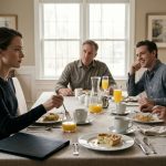 Leah calmly watches her shocked mother read a mysterious black folder during Sunday family brunch while her stepfather and younger brother look on.