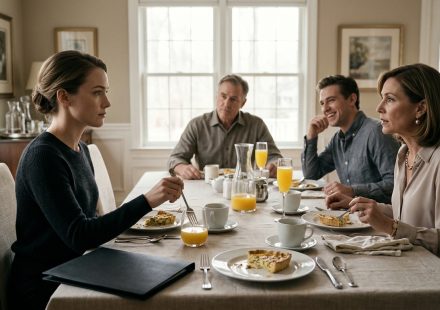Leah calmly watches her shocked mother read a mysterious black folder during Sunday family brunch while her stepfather and younger brother look on.