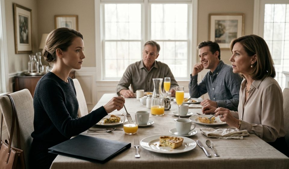 Leah calmly watches her shocked mother read a mysterious black folder during Sunday family brunch while her stepfather and younger brother look on.