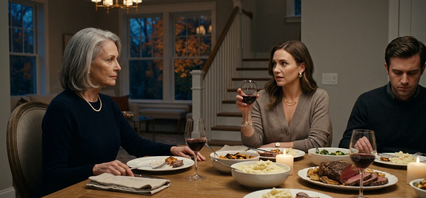Ruby Kensington sits firmly at her dining table while her daughter-in-law Jessica announces plans to move her extended family into Ruby's house without permission.