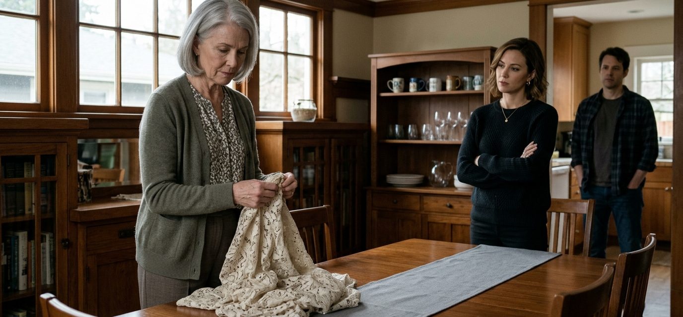 A 65-year-old widow looks at a message on her smartphone beside a rare pink diamond ring in a velvet jewelry box inside her elegant suburban home.