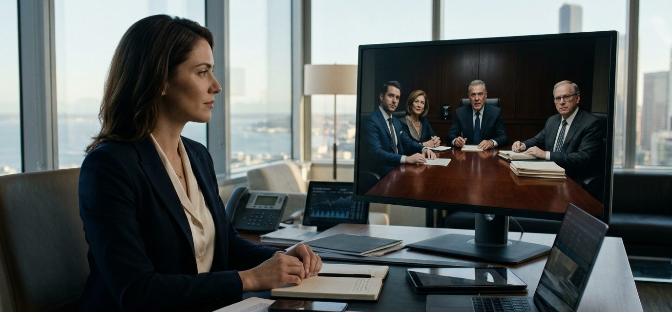 Elena Rodriguez attends a tense video-call will reading from her Seattle office while her father and brother discuss the family inheritance in Phoenix.
