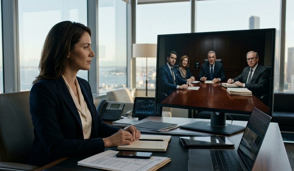 Elena Rodriguez attends a tense video-call will reading from her Seattle office while her father and brother discuss the family inheritance in Phoenix.