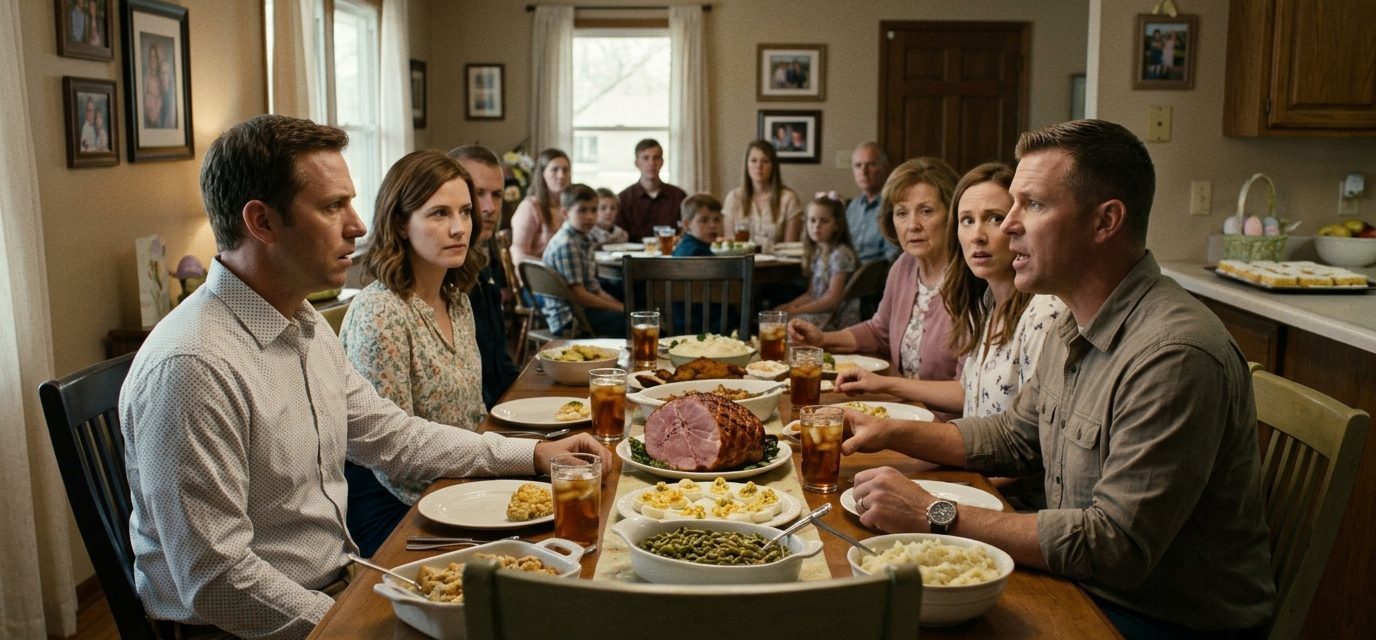 A tense Easter dinner gathering where a brother-in-law publicly accuses a hospice nurse of leaving a motel with another man while her husband and relatives react.