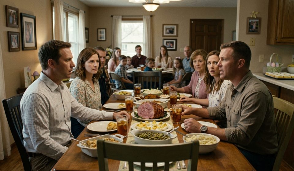 A tense Easter dinner gathering where a brother-in-law publicly accuses a hospice nurse of leaving a motel with another man while her husband and relatives react.