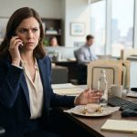 Professional woman receiving a shocking phone call at her accounting office after learning her parents want access to her trust fund.