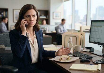 Professional woman receiving a shocking phone call at her accounting office after learning her parents want access to her trust fund.