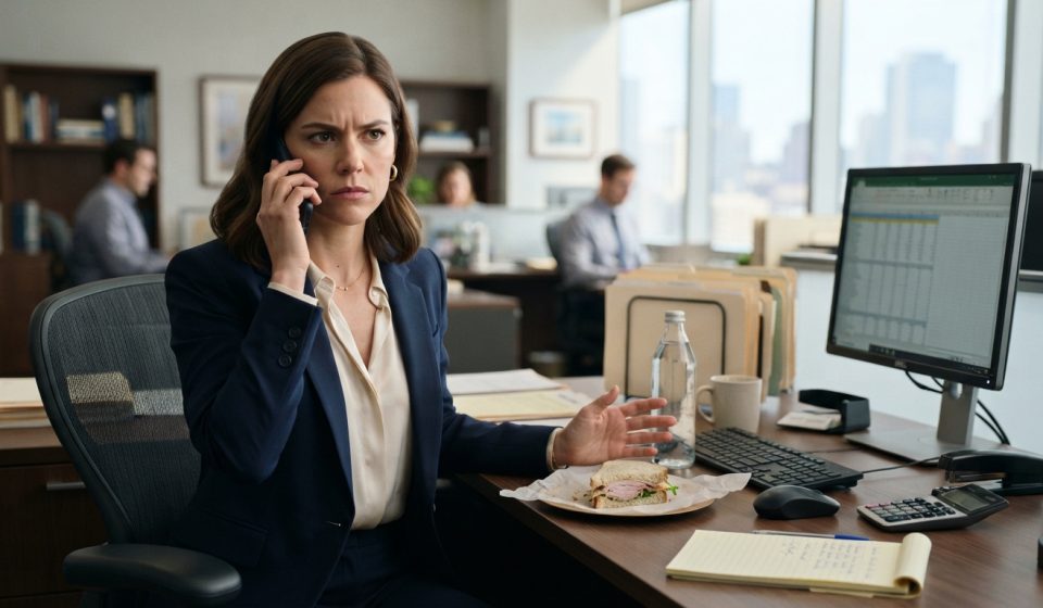 Professional woman receiving a shocking phone call at her accounting office after learning her parents want access to her trust fund.