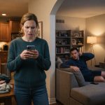 A wife confronting her uncomfortable husband in their living room after discovering she was excluded from his parents' anniversary party.