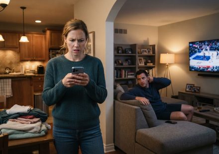 A wife confronting her uncomfortable husband in their living room after discovering she was excluded from his parents' anniversary party.