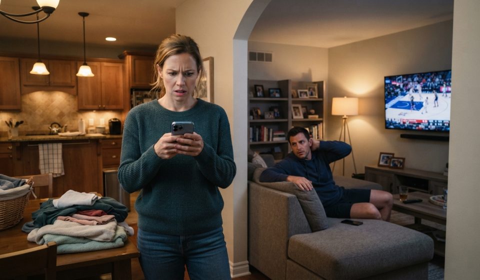 A wife confronting her uncomfortable husband in their living room after discovering she was excluded from his parents' anniversary party.