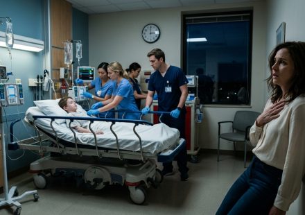 A terrified mother stands inside a pediatric intensive care unit holding her phone while doctors urgently treat her seven-year-old son during a cardiac emergency.