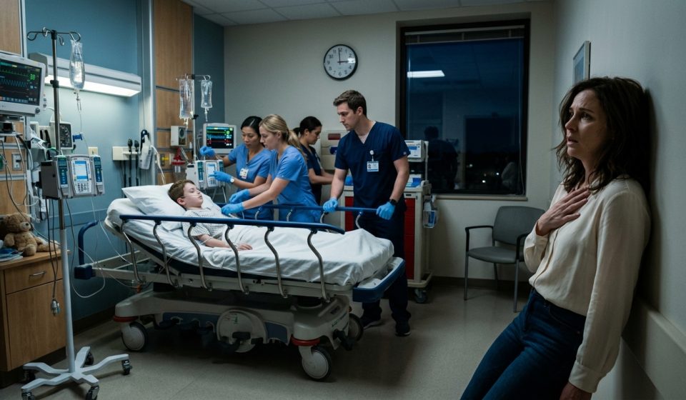 A terrified mother stands inside a pediatric intensive care unit holding her phone while doctors urgently treat her seven-year-old son during a cardiac emergency.