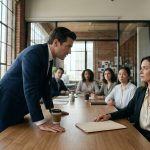 A confident businesswoman sits across from her controlling brother-in-law in a modern conference room, sliding a sealed folder toward him during a tense confrontation.