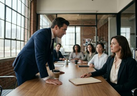 A confident businesswoman sits across from her controlling brother-in-law in a modern conference room, sliding a sealed folder toward him during a tense confrontation.