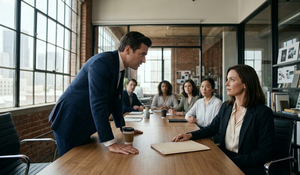 A confident businesswoman sits across from her controlling brother-in-law in a modern conference room, sliding a sealed folder toward him during a tense confrontation.