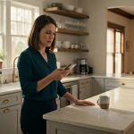 A shocked woman stands in her renovated kitchen reading a demanding text message on her phone while her husband remains in the background.