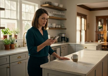 A shocked woman stands in her renovated kitchen reading a demanding text message on her phone while her husband remains in the background.