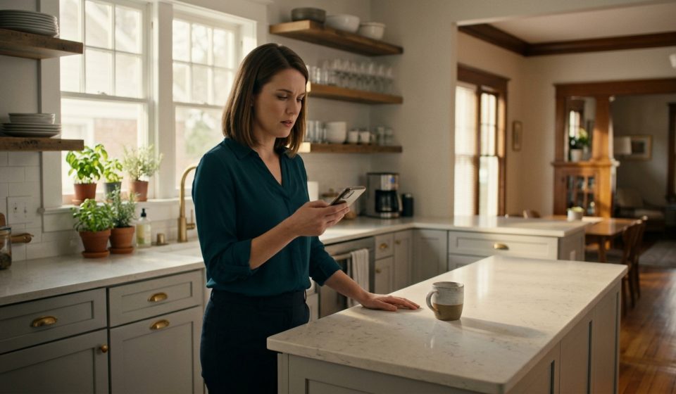 A shocked woman stands in her renovated kitchen reading a demanding text message on her phone while her husband remains in the background.