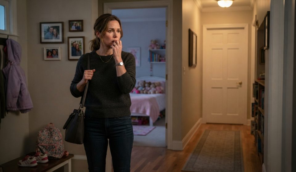 Worried mother searching her silent home while her daughter's shoes and jacket remain near the front door