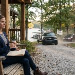 34-year-old woman waiting on a lake house porch as her parents and family guests arrive for the annual retreat