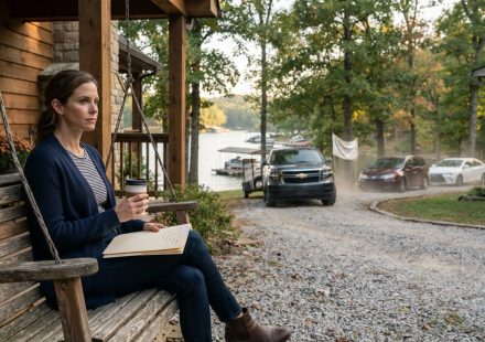 34-year-old woman waiting on a lake house porch as her parents and family guests arrive for the annual retreat