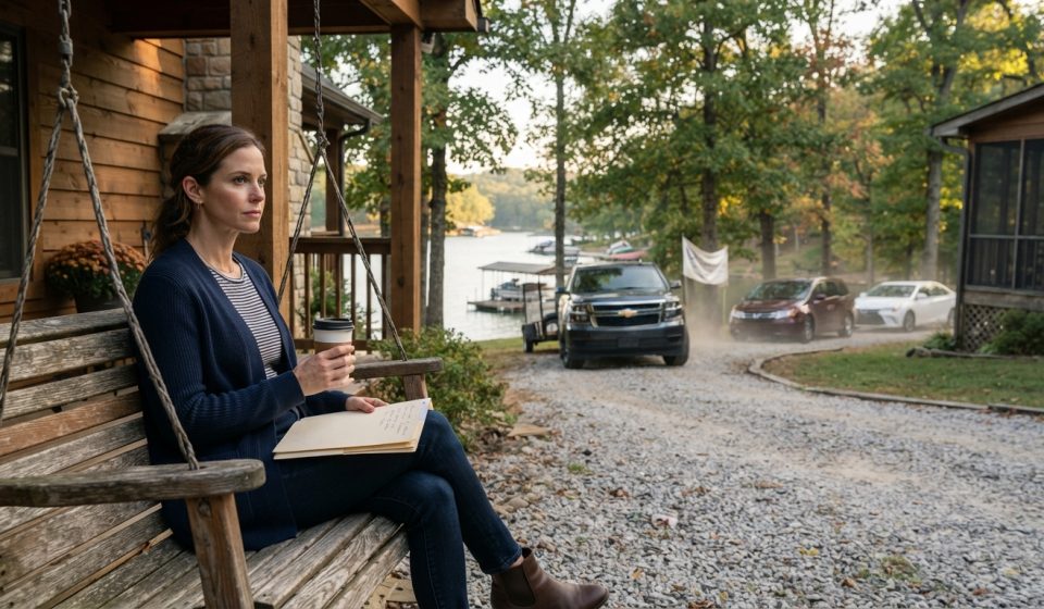 34-year-old woman waiting on a lake house porch as her parents and family guests arrive for the annual retreat