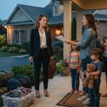 Professional woman arriving home to find her sister and three young children waiting with luggage on her front porch