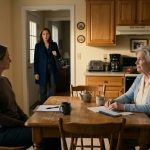 An older woman sits calmly at her kitchen table with a checkbook and cup of tea while her demanding daughter-in-law approaches the house.