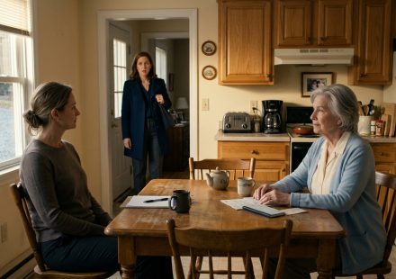 An older woman sits calmly at her kitchen table with a checkbook and cup of tea while her demanding daughter-in-law approaches the house.