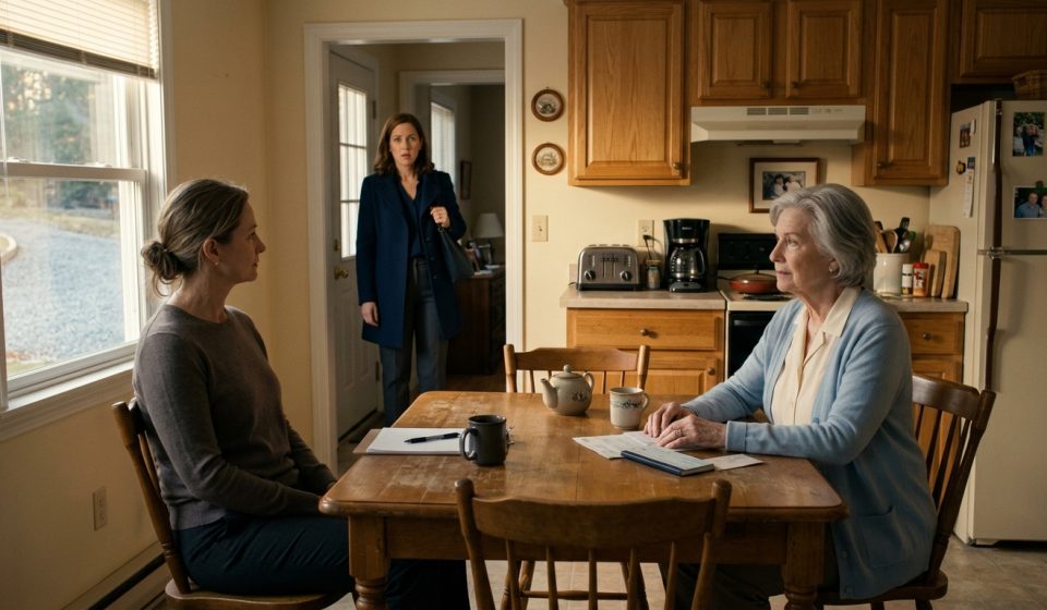 An older woman sits calmly at her kitchen table with a checkbook and cup of tea while her demanding daughter-in-law approaches the house.