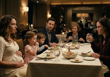 An elderly father looks shocked as his demanding son-in-law confronts him across a dining table while his daughter sits silently in their family home.