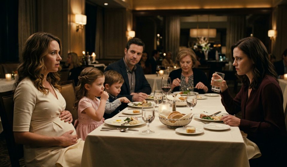 An elderly father looks shocked as his demanding son-in-law confronts him across a dining table while his daughter sits silently in their family home.