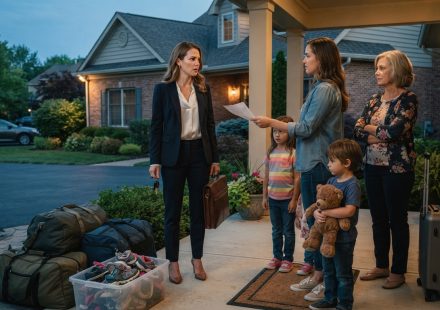 Professional woman arriving home to find her sister and three young children waiting with luggage on her front porch