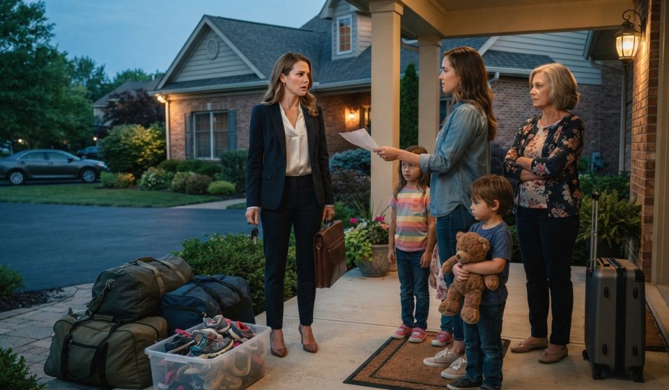 Professional woman arriving home to find her sister and three young children waiting with luggage on her front porch