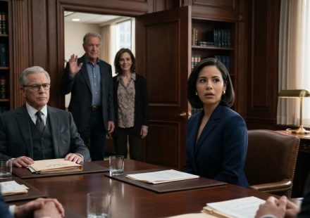 Woman in a navy suit facing her estranged parents and longtime family lawyer during a tense will reading