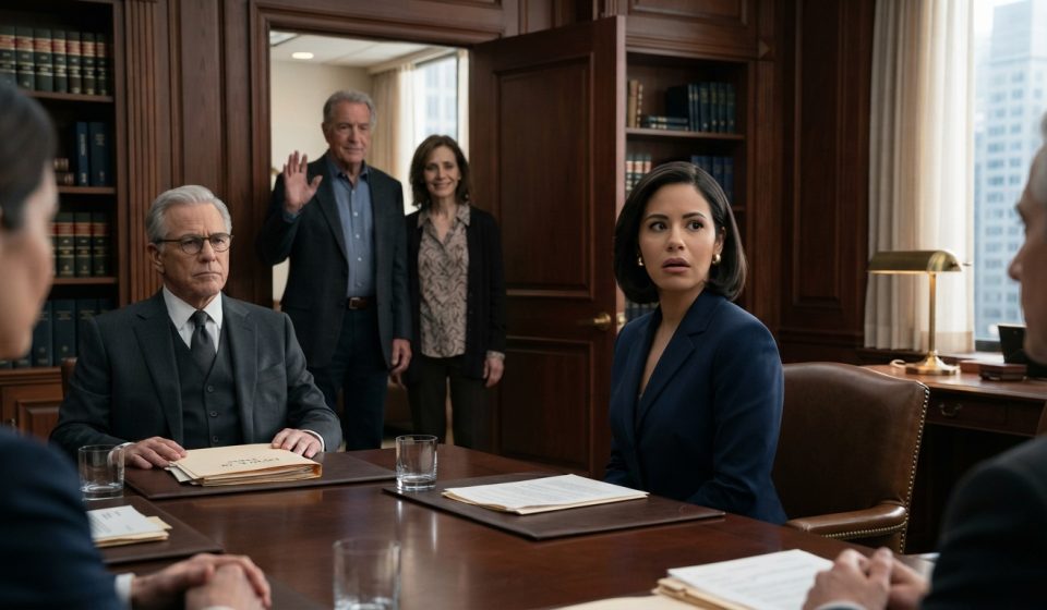 Woman in a navy suit facing her estranged parents and longtime family lawyer during a tense will reading