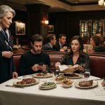 Mother standing without a seat at an upscale family dinner while her son and daughter-in-law eat expensive steaks