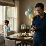 A disappointed father holds his phone during his son's eighth birthday party while the boy waits by the window for his grandparents to arrive.