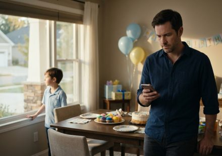A disappointed father holds his phone during his son's eighth birthday party while the boy waits by the window for his grandparents to arrive.