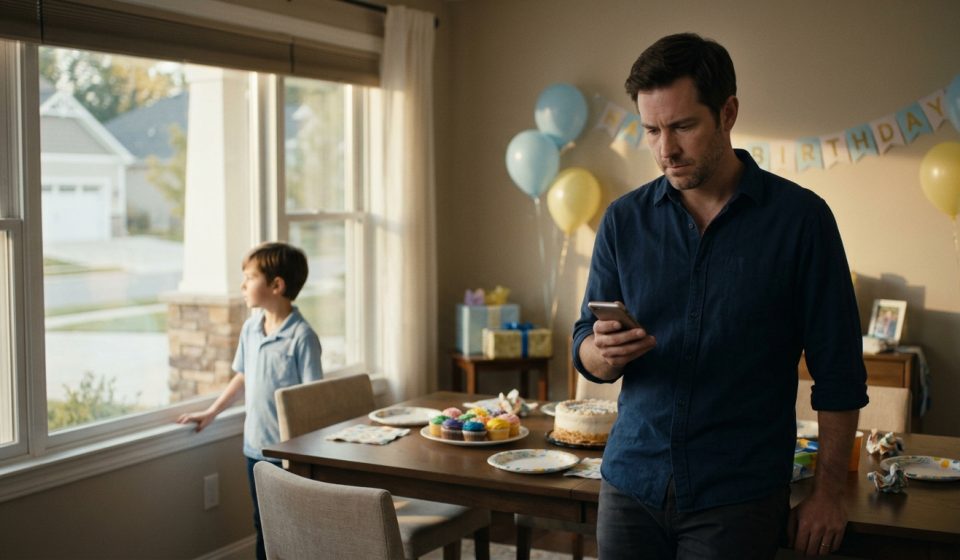 A disappointed father holds his phone during his son's eighth birthday party while the boy waits by the window for his grandparents to arrive.
