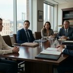 A modestly dressed woman sits calmly in a lawyer's conference room while her wealthy siblings react with shock to the announcement of their grandmother's will.