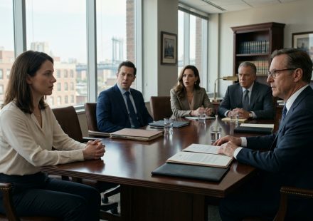 A modestly dressed woman sits calmly in a lawyer's conference room while her wealthy siblings react with shock to the announcement of their grandmother's will.
