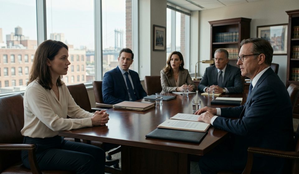 A modestly dressed woman sits calmly in a lawyer's conference room while her wealthy siblings react with shock to the announcement of their grandmother's will.