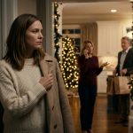 A disappointed woman stands in a Christmas-decorated hallway, overhearing her mother discuss holiday childcare on the phone while her father unloads groceries in the kitchen.